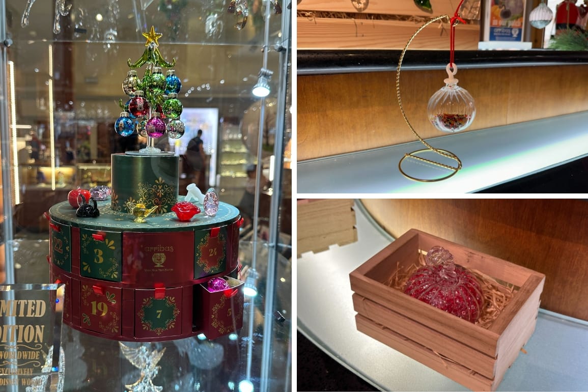 A collage of glass Christmas ornaments, including a bauble in a crate at Disney Springs, near Walt Disney World Resort.