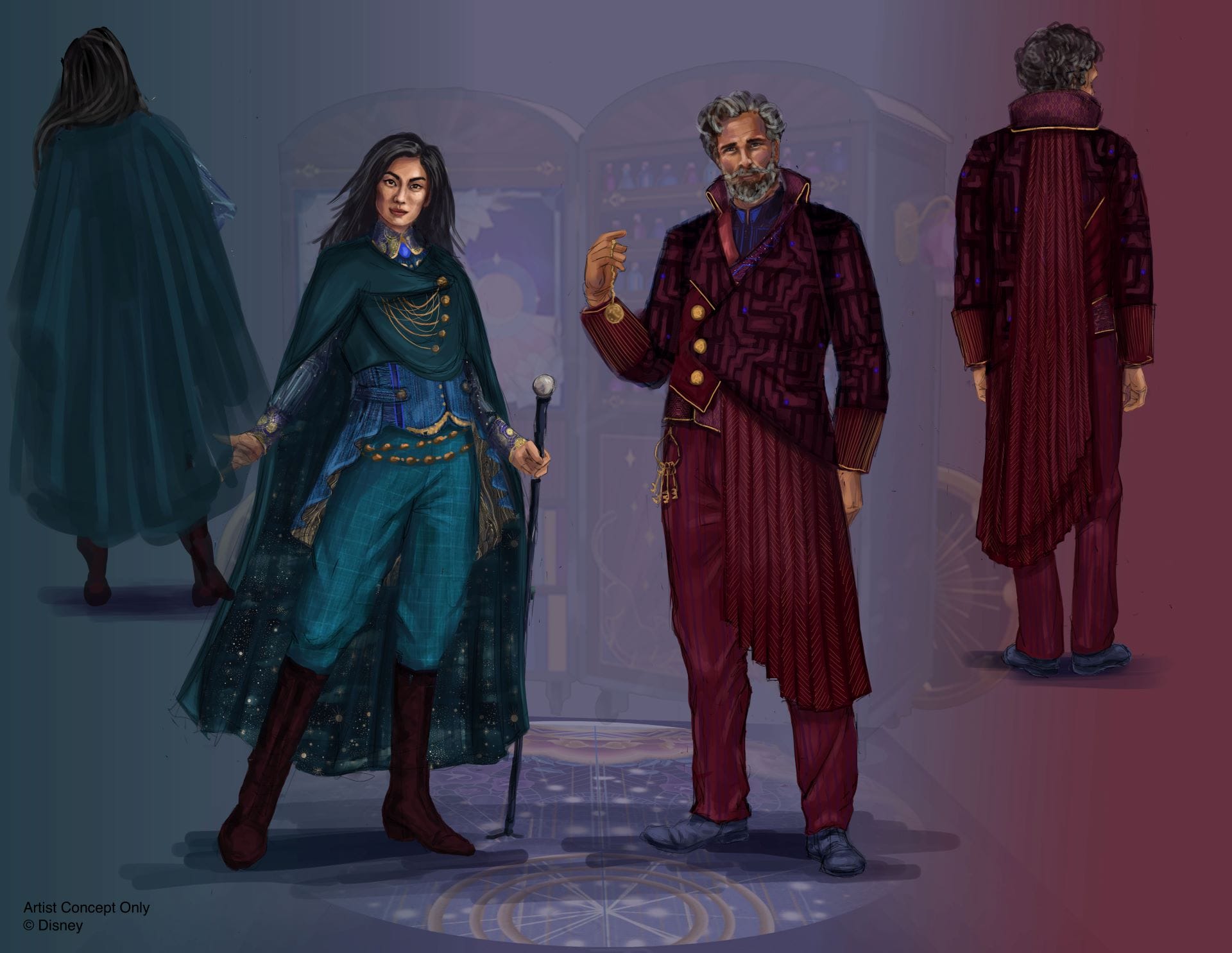 Two people in detailed, colorful fantasy costumes, Disney Destiny style, one holding a cane, coat design shown from behind.