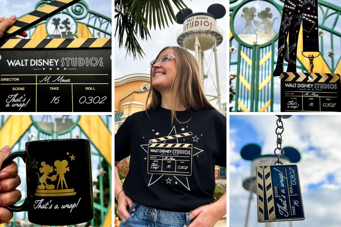 Collage of Final Take Farewell Collection—mug, t-shirt, keychain, and more at Walt Disney Studios Park, no castle visible.