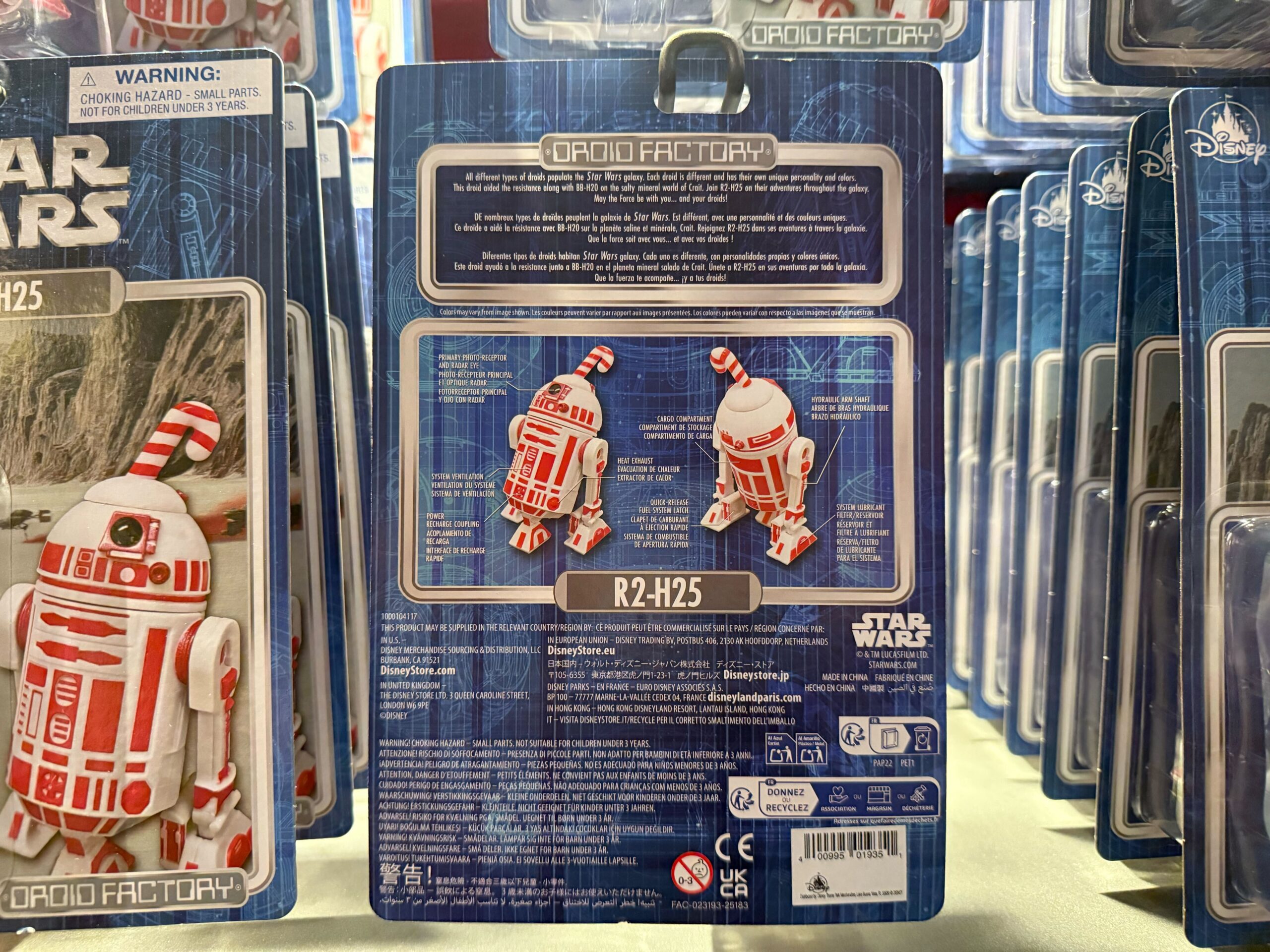 Close-up of 2025 Disneyland Christmas merchandise featuring a Star Wars Droid Factory R2-H25 action figure package.