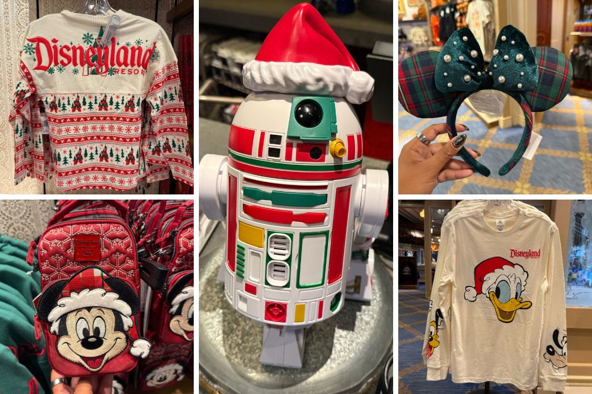 Collage of 2025 Disneyland Christmas merchandise: sweaters, R2-D2 popcorn bucket, Minnie purse, and festive ear headband.