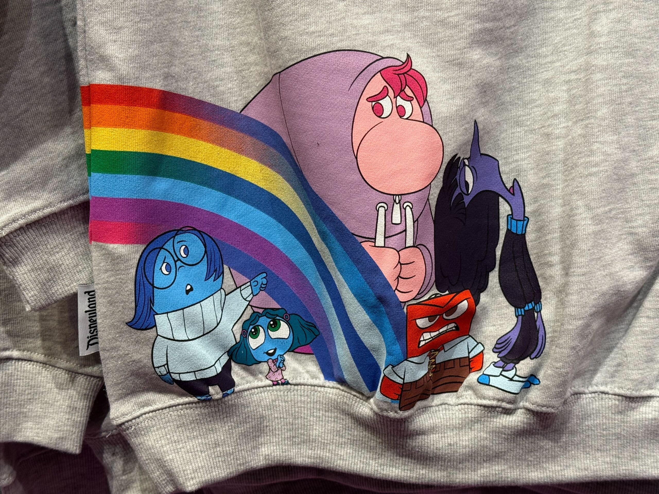 Cartoon "Inside Out 2" characters pose by a rainbow on a gray sweatshirt, featuring a Disneyland tag referencing park magic.