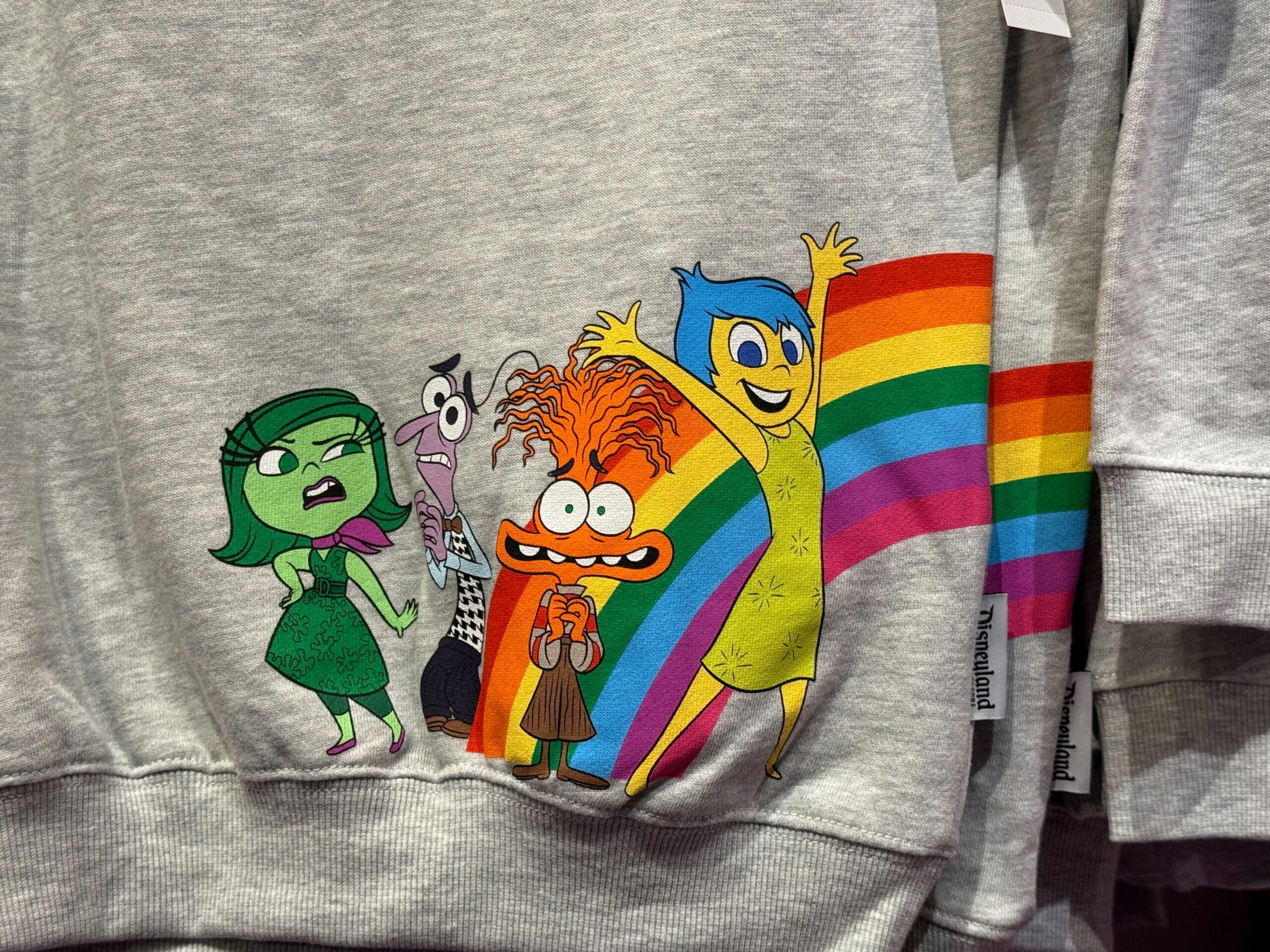 Grey sweatshirt with "Inside Out" characters beside a rainbow, like you might find at Disneyland after snapping pics near Sleeping Beauty Castle.