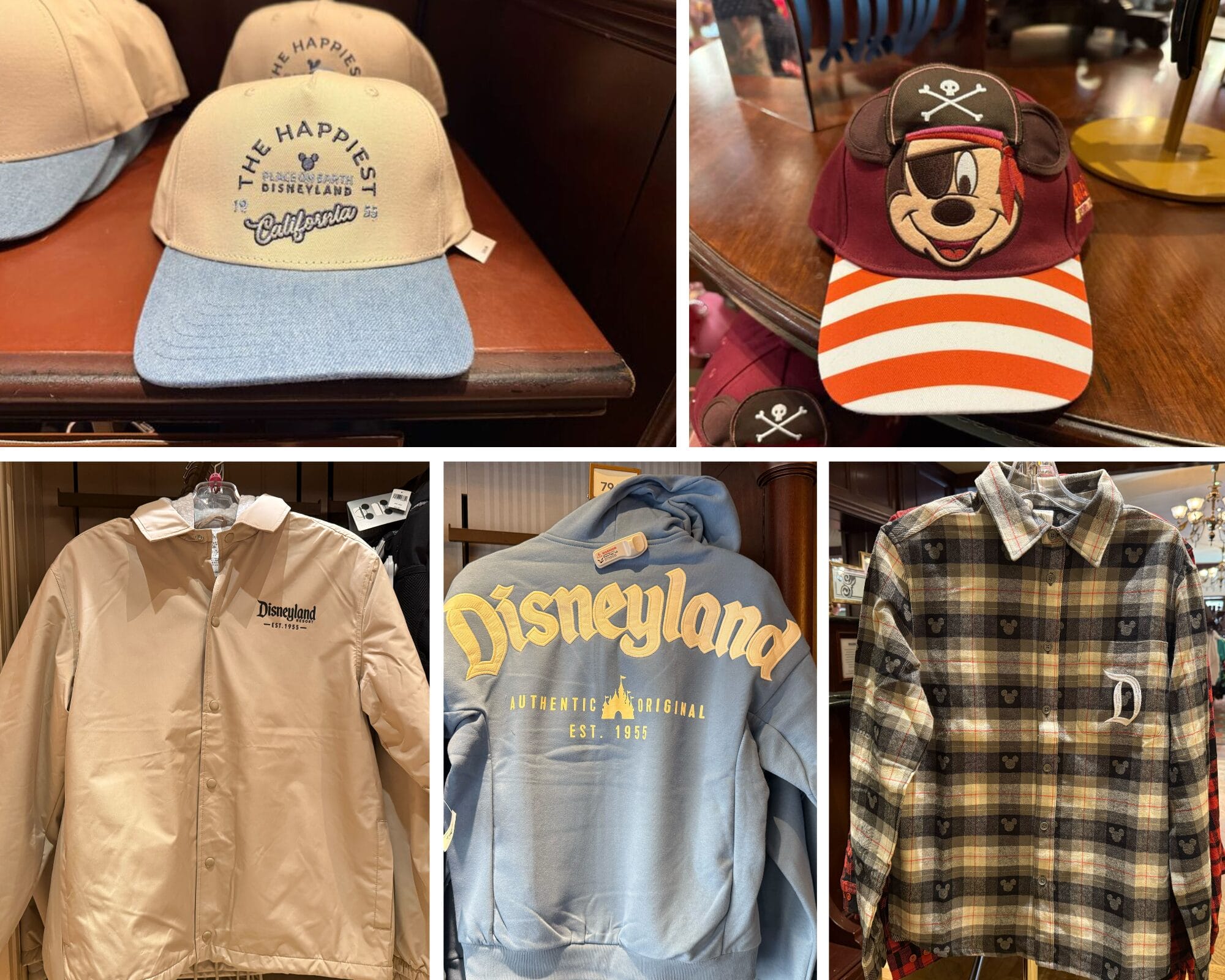 Disneyland Resort apparel like hats, jackets, and plaid shirts displayed in a store, reflecting the park’s signature style.