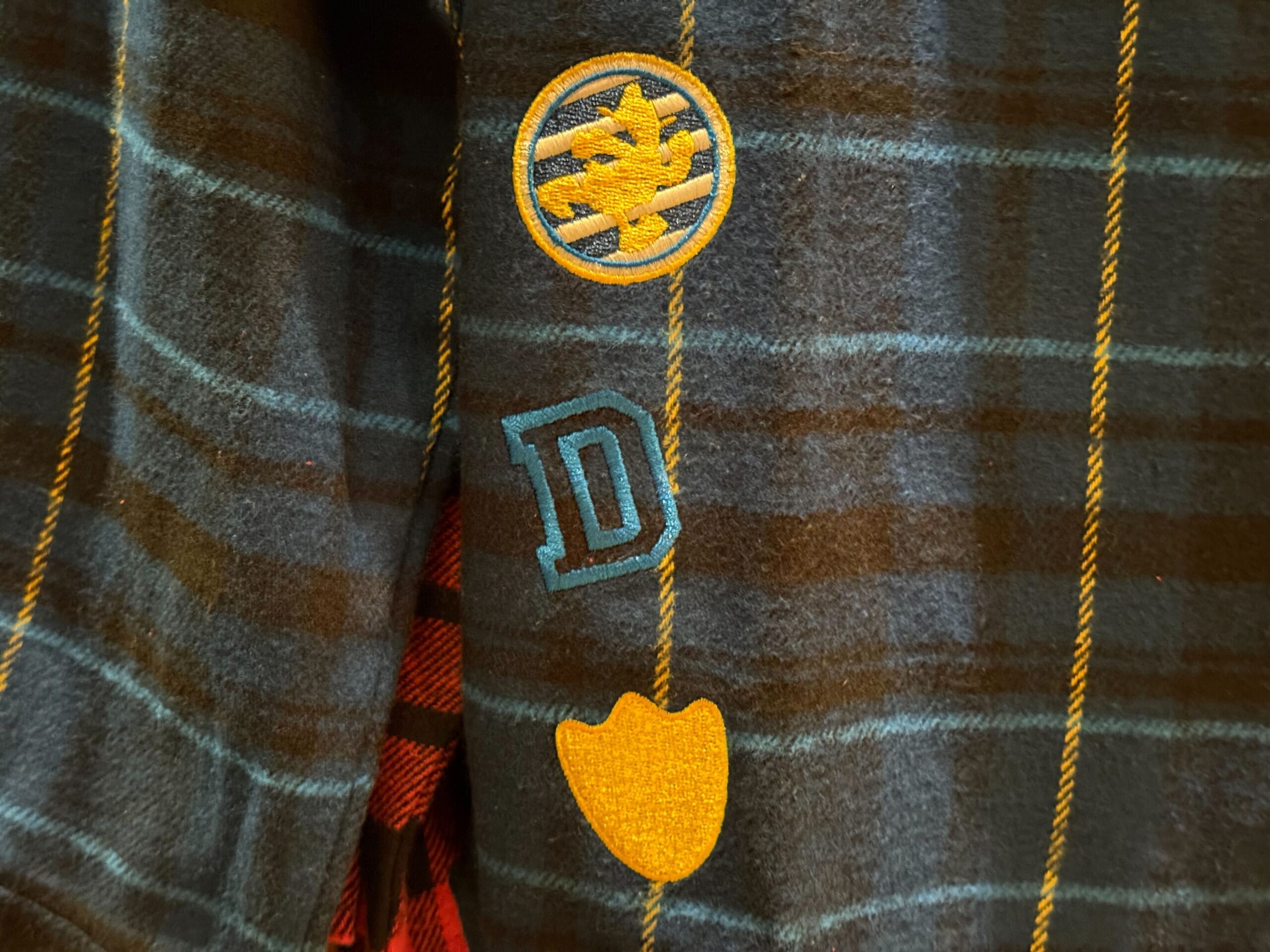 Three embroidered patches—a tree, a Disneyland-style "D," and a shield—on plaid fabric, reminiscent of Disneyland park merch.