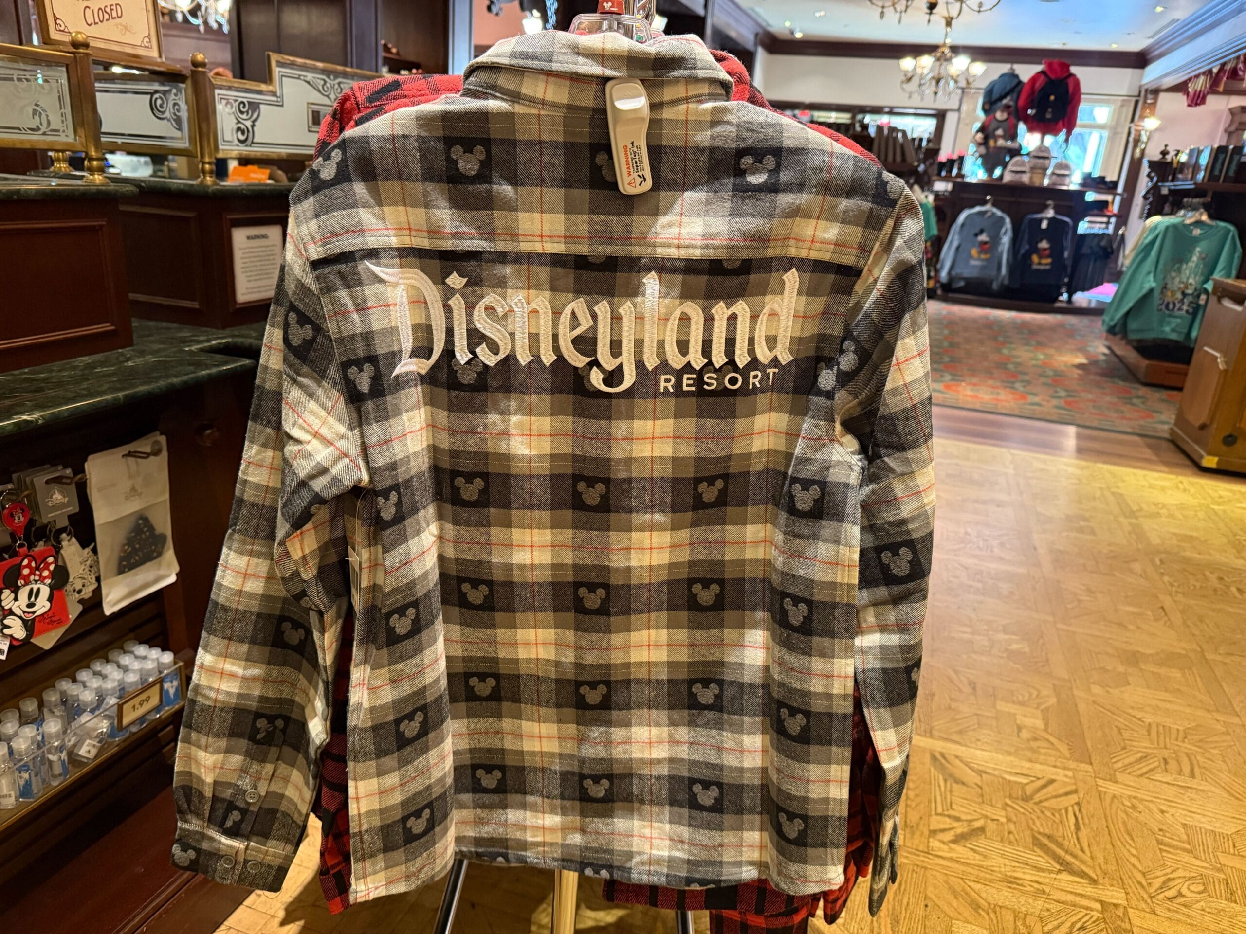 Plaid shirt reading "Disneyland Resort" on the back, showcased with Disneyland Park merchandise—distinct from other Disney parks.
