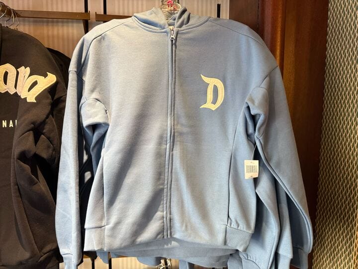 Light blue zip-up hoodie with a white "D" on the chest, classic Disneyland merch, perfect for chilly park days by Sleeping Beauty Castle.