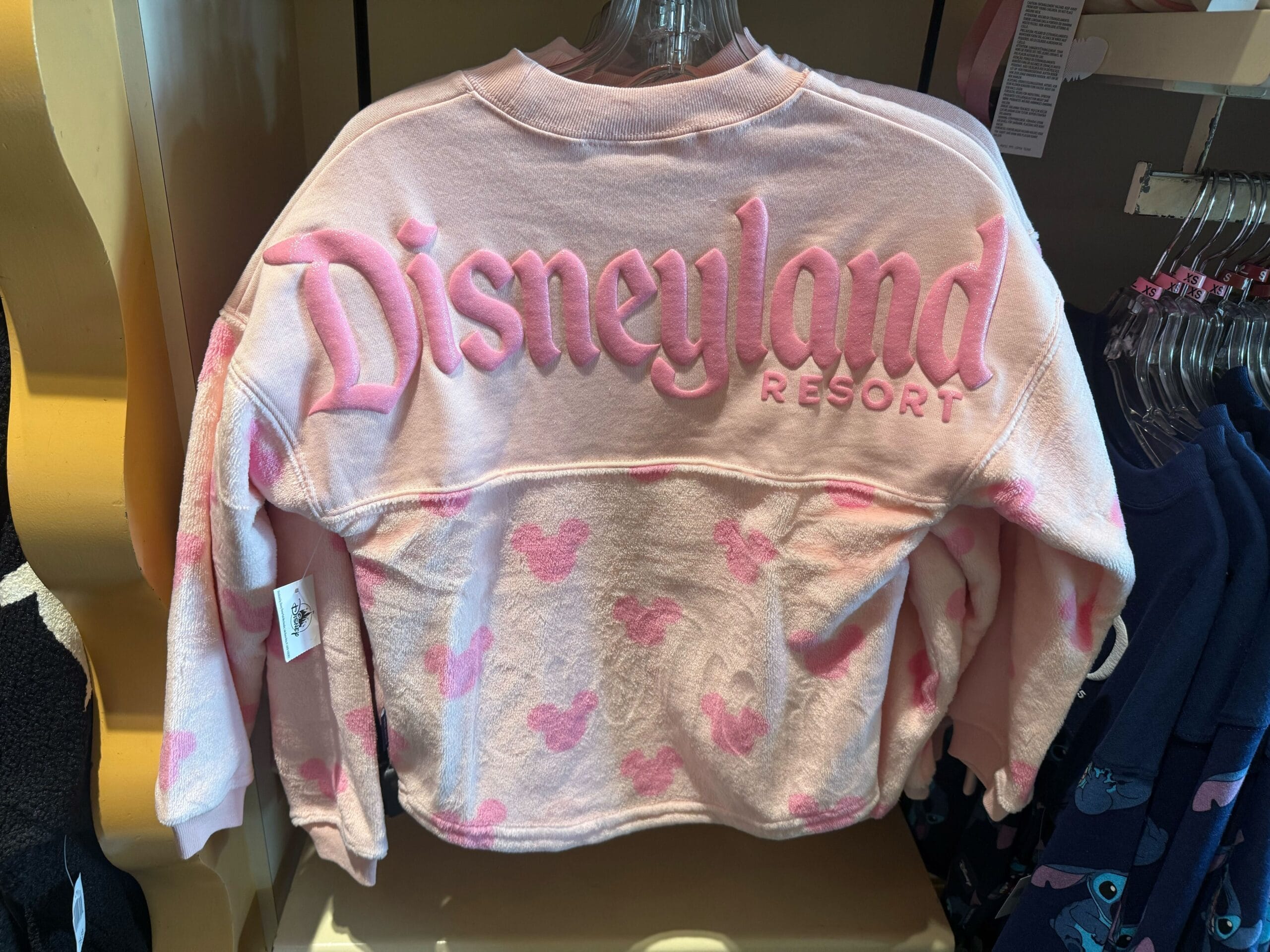 Pink Disneyland Resort sweatshirt featuring fuzzy Mickey designs—charming park merchandise, seen in front of Sleeping Beauty Castle.