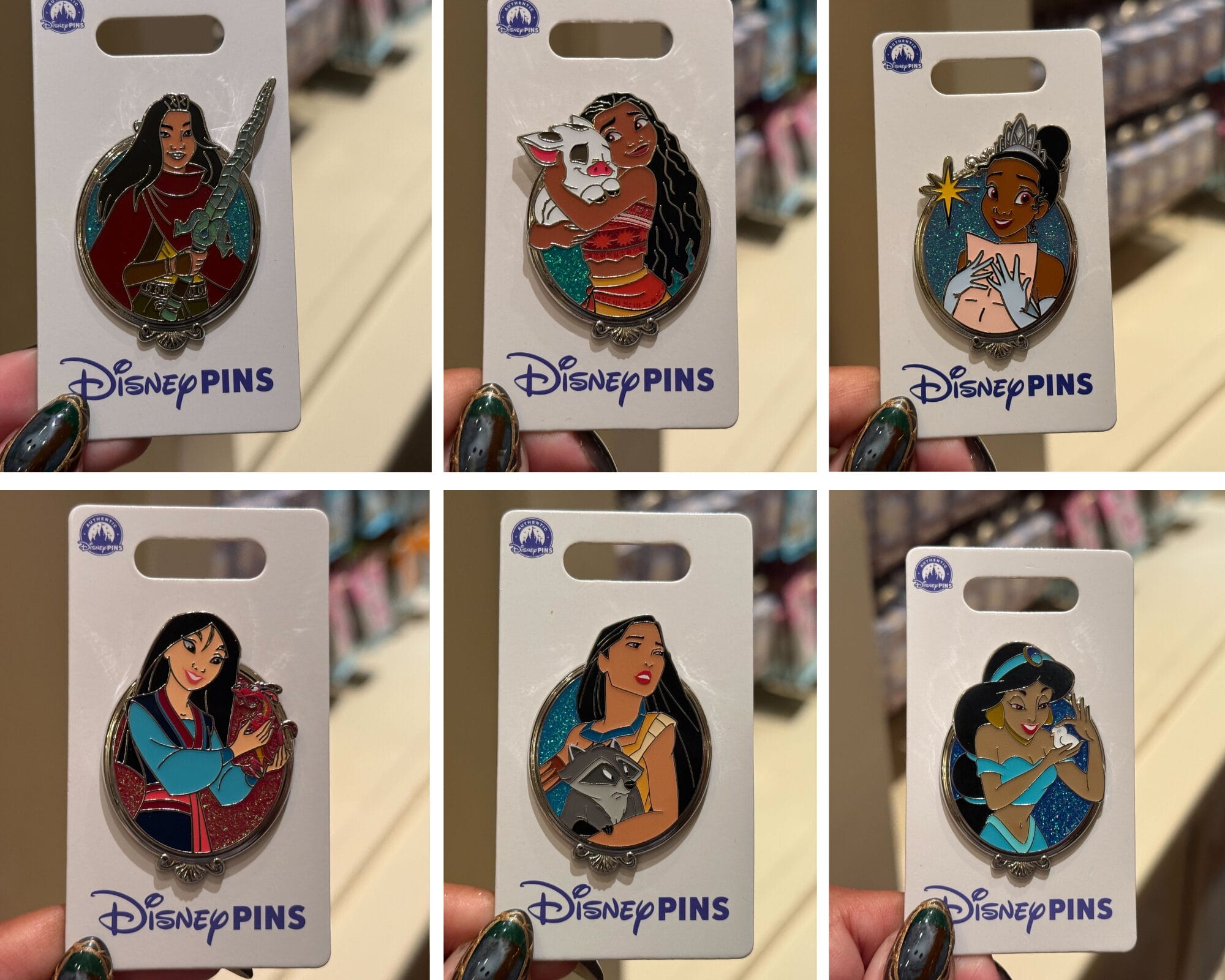 Six Disneyland Resort Princess Pins on cards, each shows a princess with an item or animal—no castle like in global Disney parks.