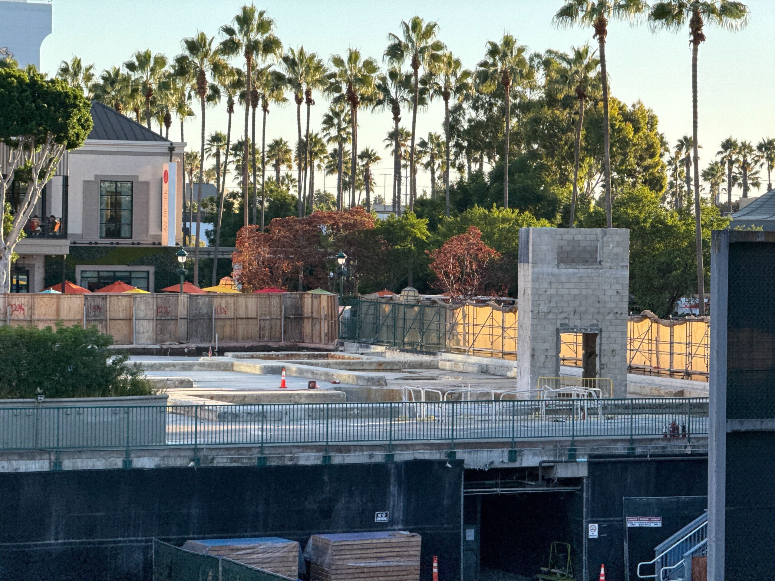 Construction site with empty pool, palm trees, and concrete foundation near Disney Springs; no Disney castle visible in this view.