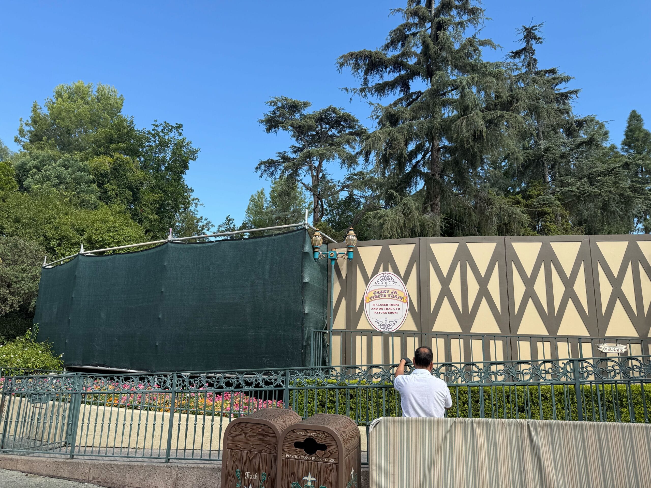 A man takes a photo of a refurbishment wall at Disneyland by Casey Jr. Circus Train, with trees and trash cans nearby