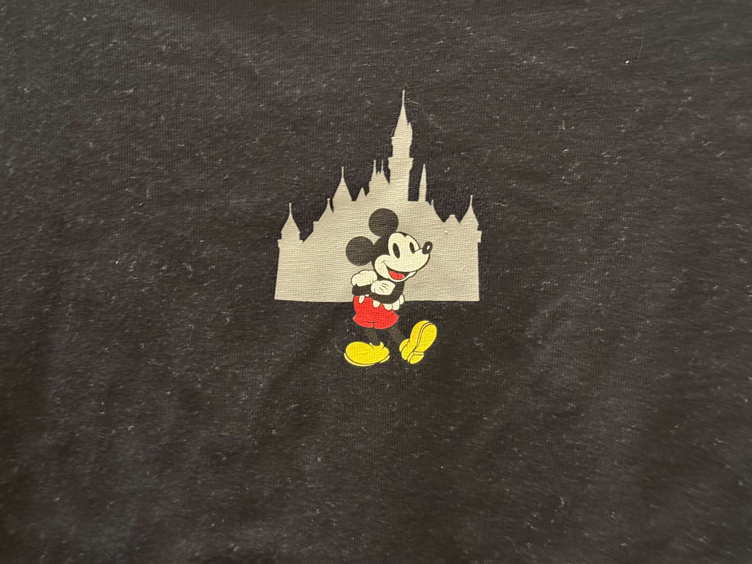 Mickey Mouse stands in front of a gray castle silhouette resembling Disneyland’s