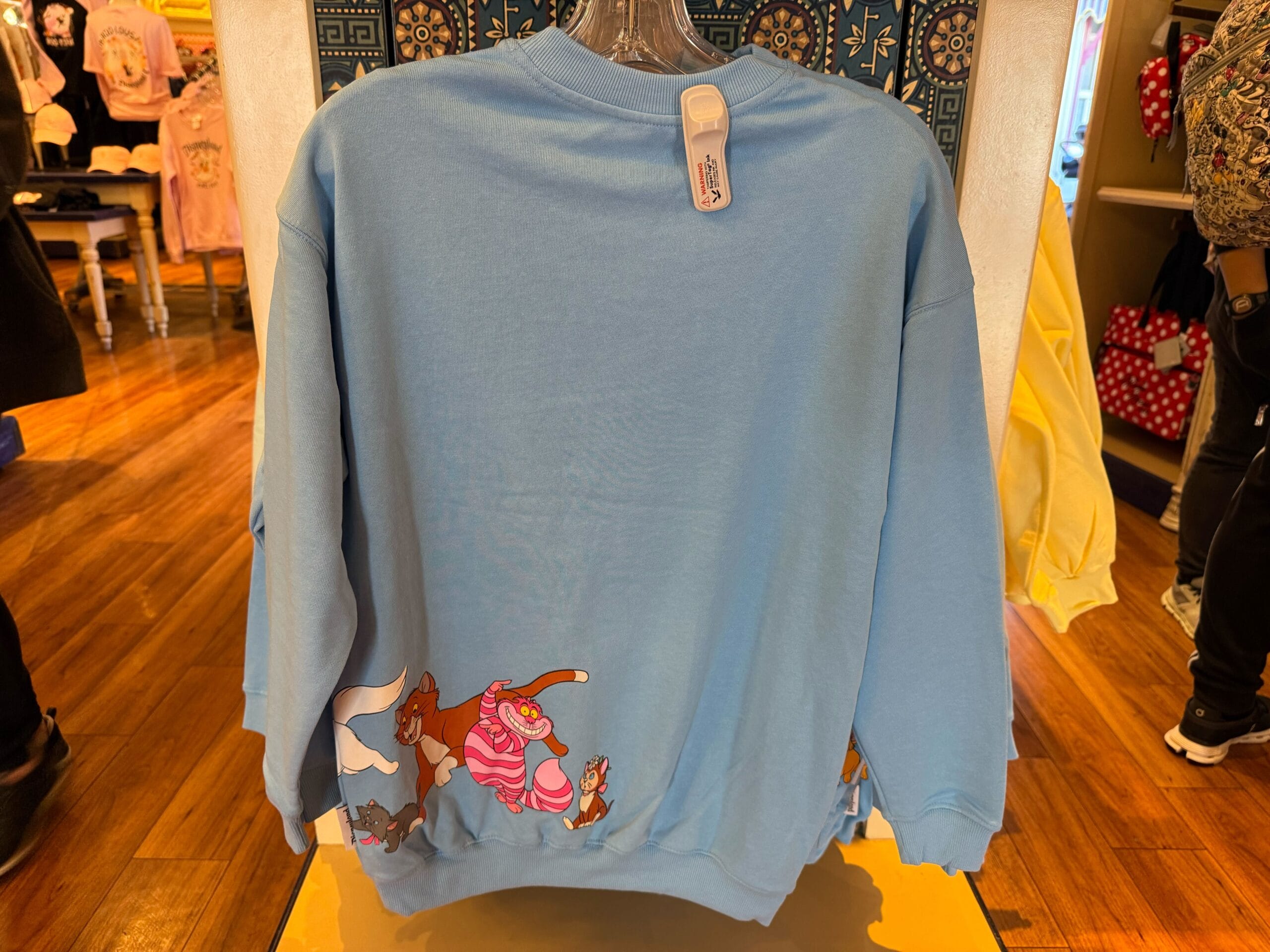 Light blue sweatshirt with Winnie the Pooh characters along the bottom hem, hanging on a store rack at a Disney park gift shop.