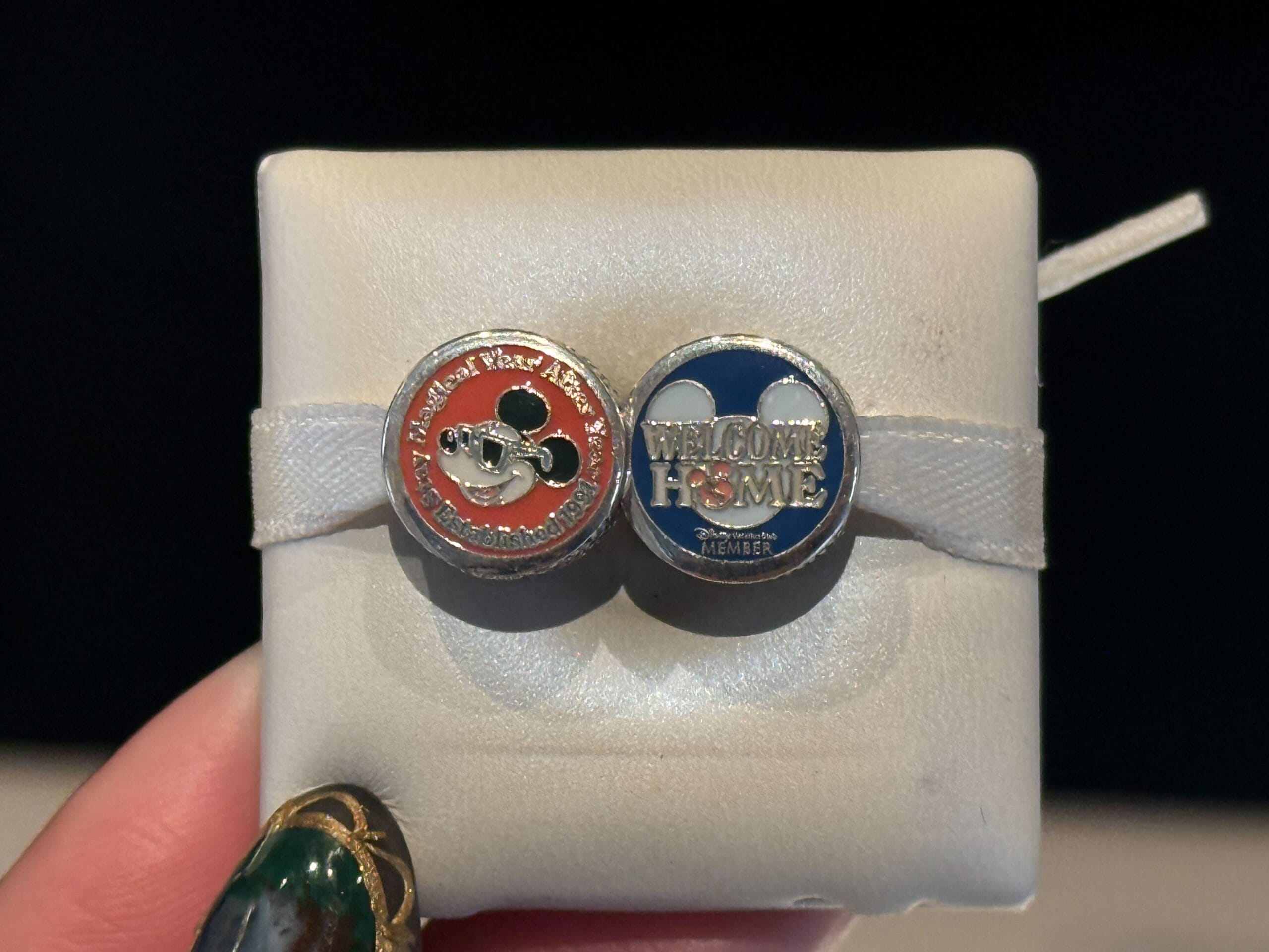 Two small Disneyland pins on a white cushion: Sorcerer Mickey and a "Welcome Home" pin. No castle is shown for comparison.