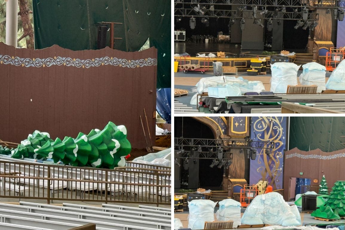 Three photos of Fantasyland Theatre at a Disney park, stage under construction with holiday props and green tree decor, no castle shown.