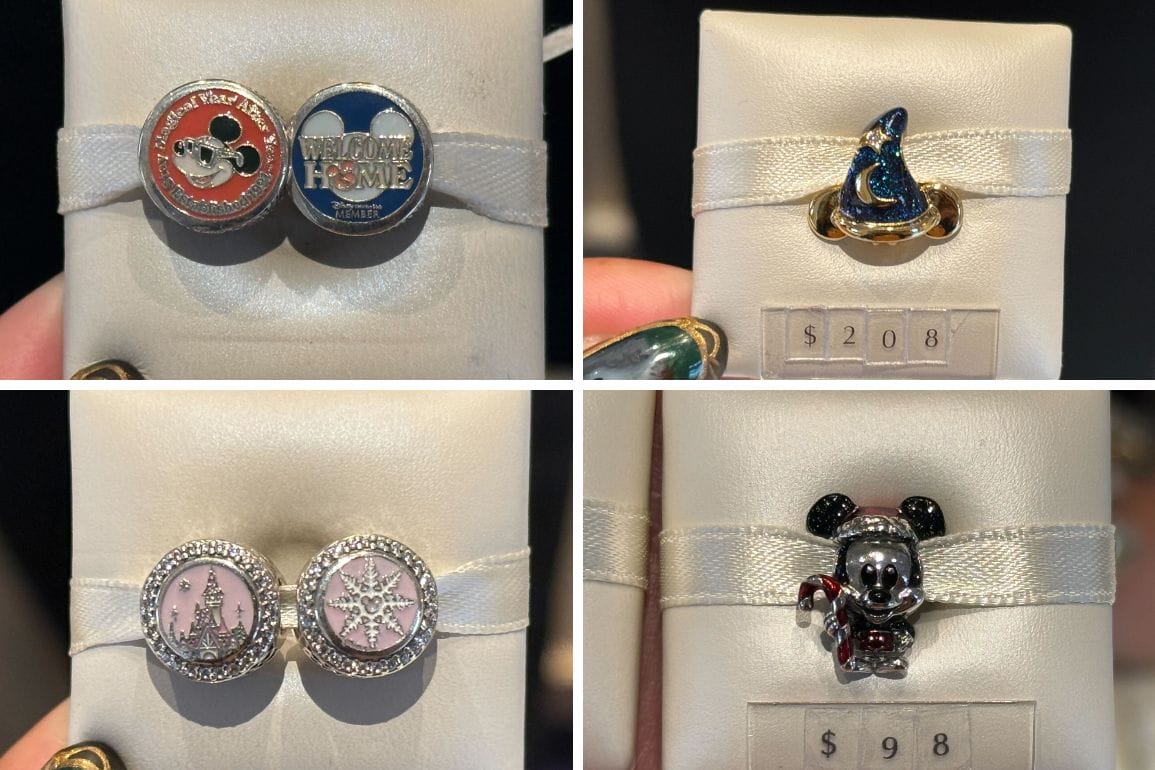 A collage of four Disneyland jewelry pieces, like Pandora Charms and Sorcerer Mickey, with price tags shown, evoking park souvenirs.