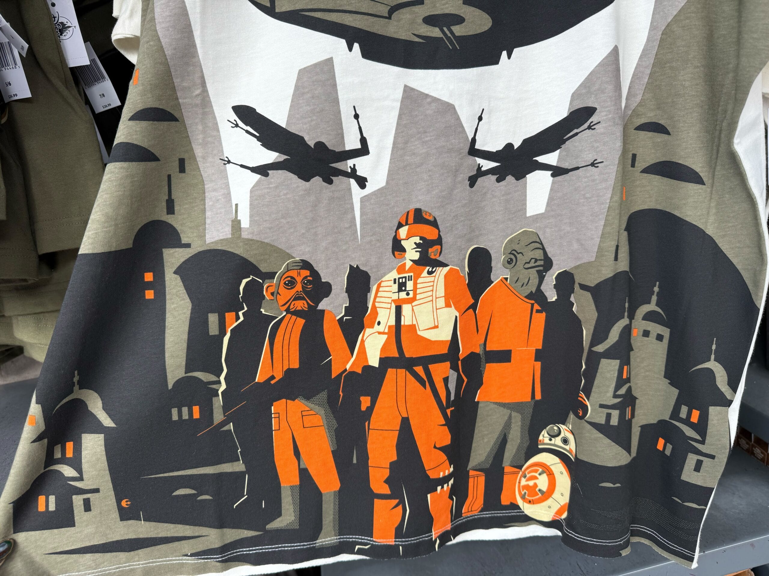 Star Wars characters at Galaxy's Edge, with futuristic city buildings and X-wings—no Disney castle like those in the parks visible.