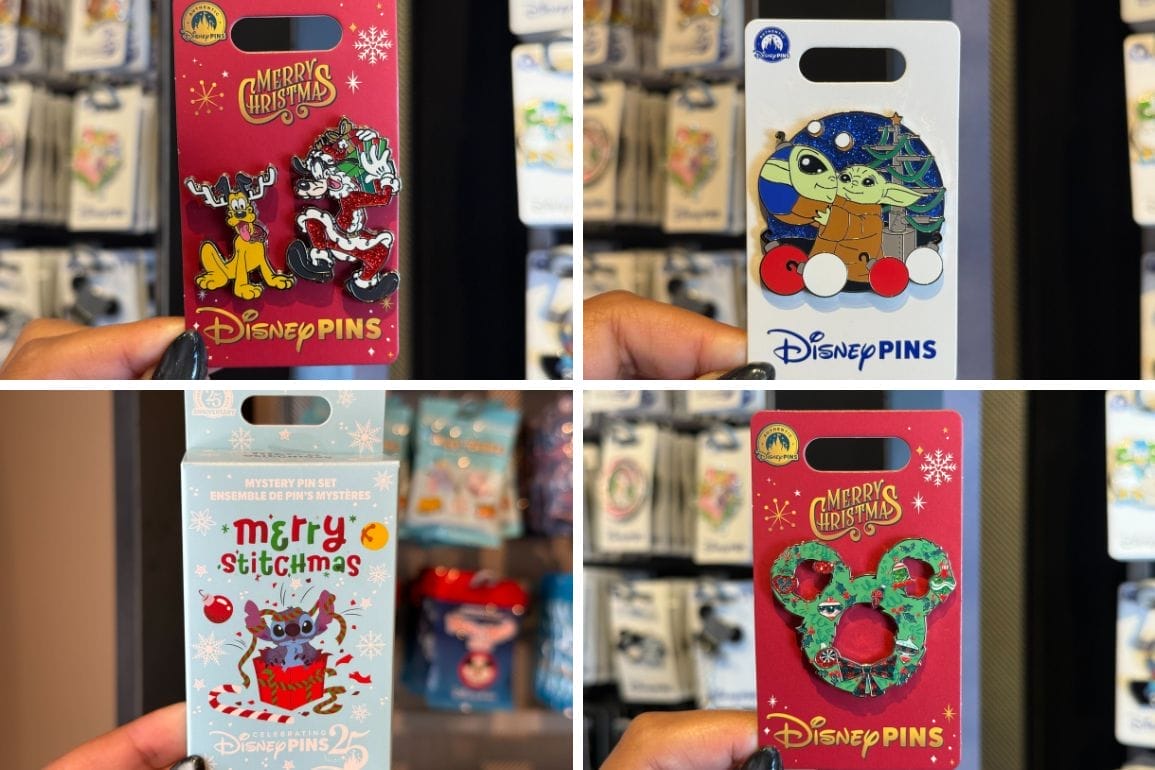 Daily Recap: Four Disney Christmas pins featuring festive designs and beloved characters, displayed inside a Disney park shop.