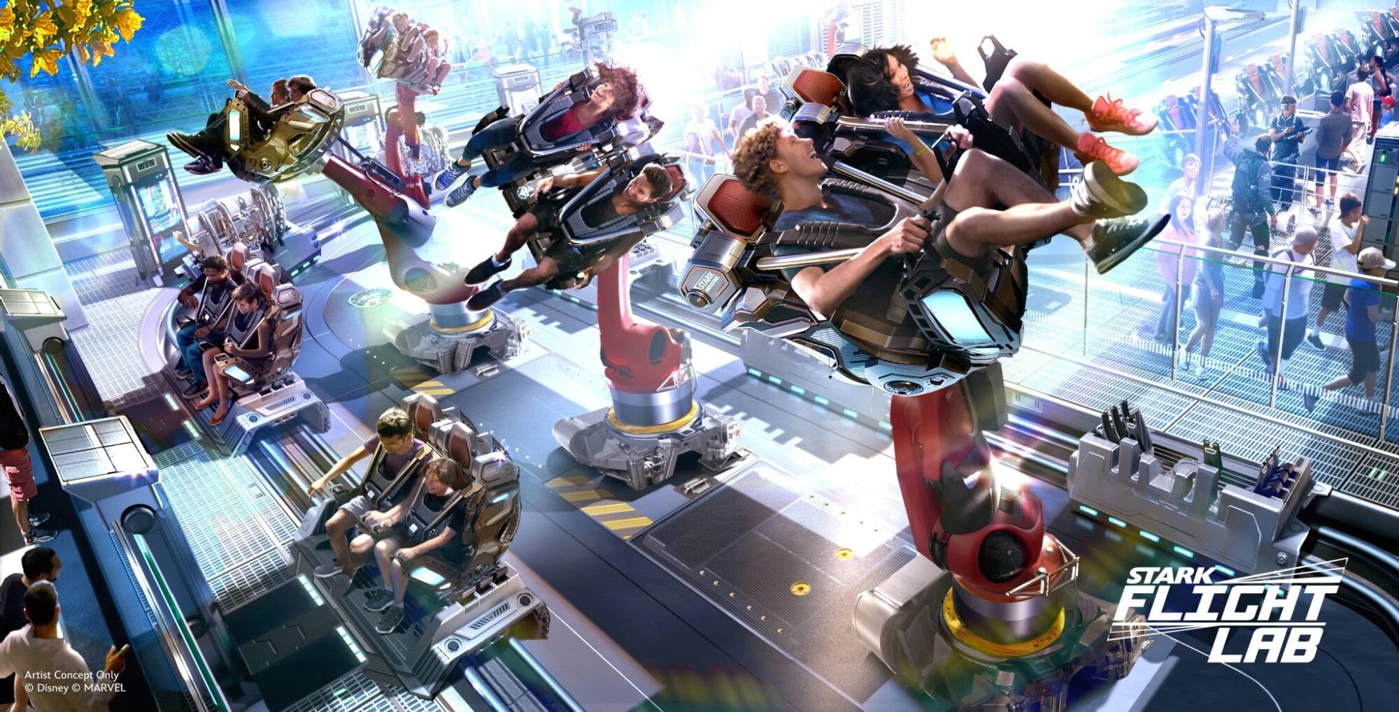 Guests experience robotic arm simulators in a high-tech Avengers lab at Disneyland Resort, no castle view like in WDW.