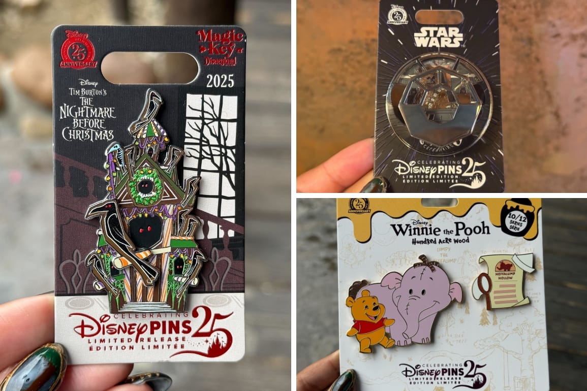 Three Disneyland pins: Haunted Mansion Holiday gingerbread house, the Millennium Falcon cockpit, and Winnie the Pooh with Lumpy the Heffalump.