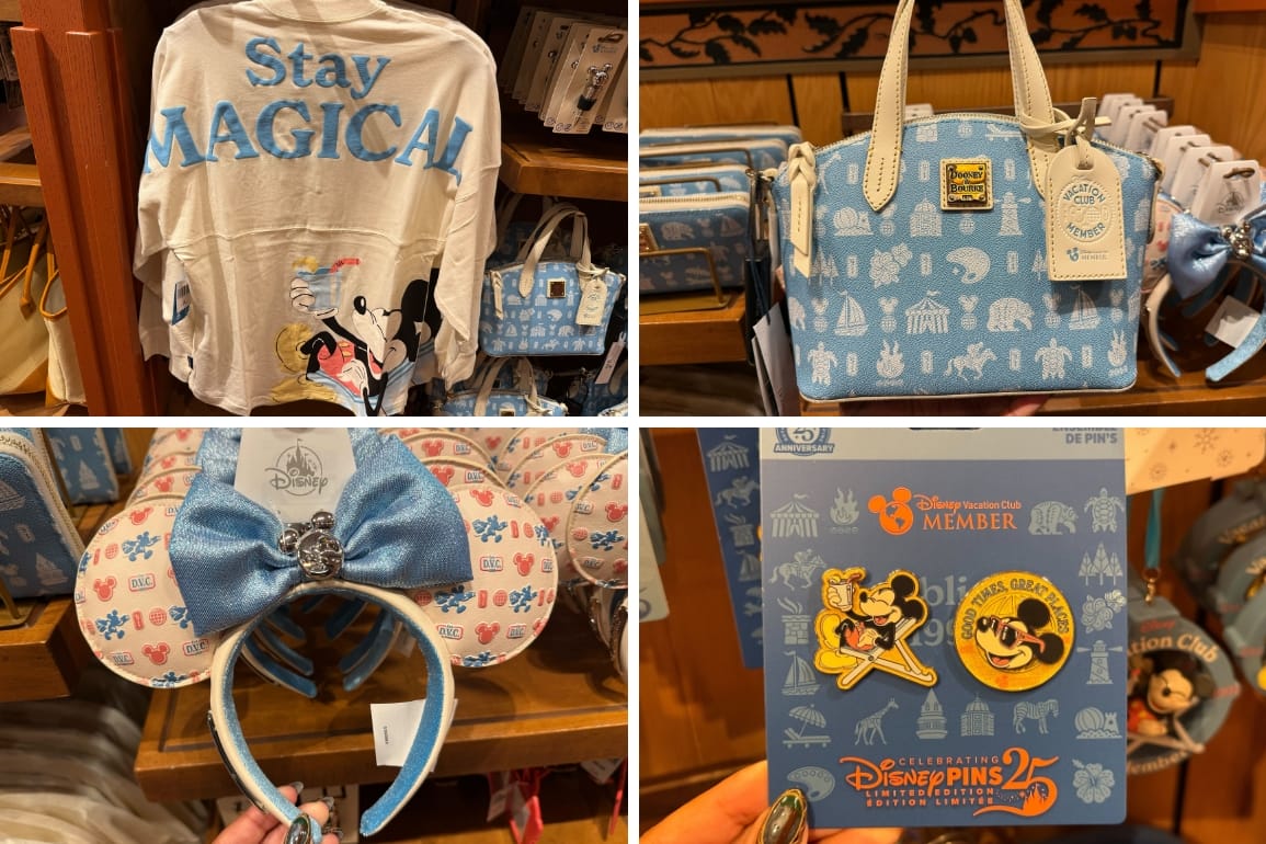 Collage of Disney park Mickey merch—shirt, purse, Minnie ears & pins in blue/white, showing magical motifs found at parks worldwide.