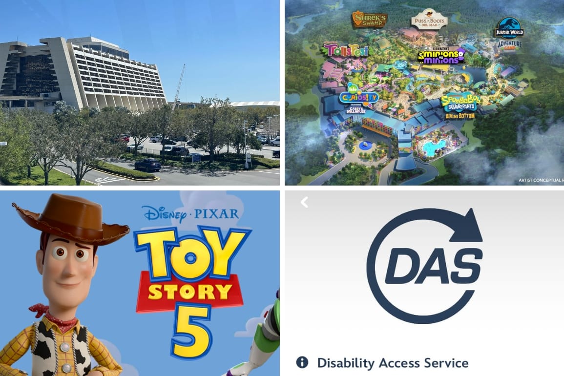Daily Recap collage: Disney Contemporary Resort, map of Universal Kids Resort, Woody next to Toy Story 5 logo, and Disability Access Services logo and text.