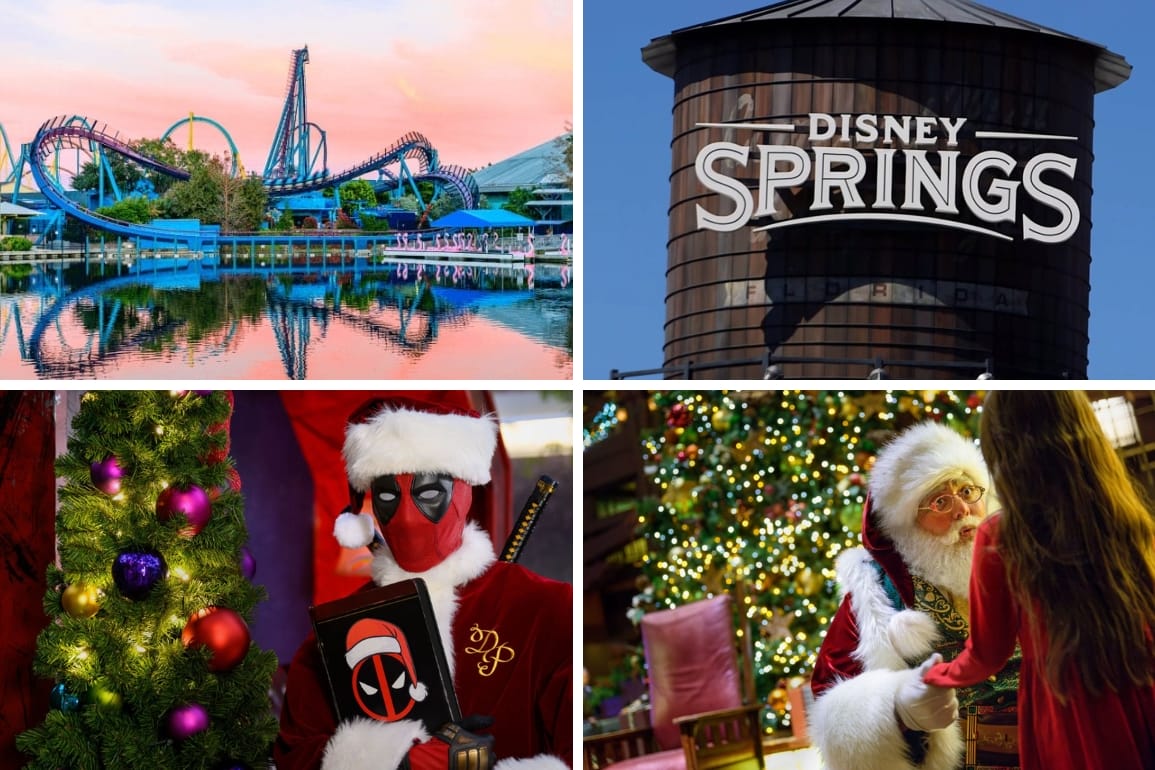 A collage of Disney parks, Disney Springs sign, coaster fun, Deadpool Santa by a tree, and festive Christmas decorations.