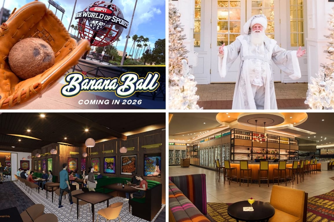 A Disney collage: baseball glove with coconut, man in white, two park restaurants, and a Banana Ball sign at Walt Disney World.