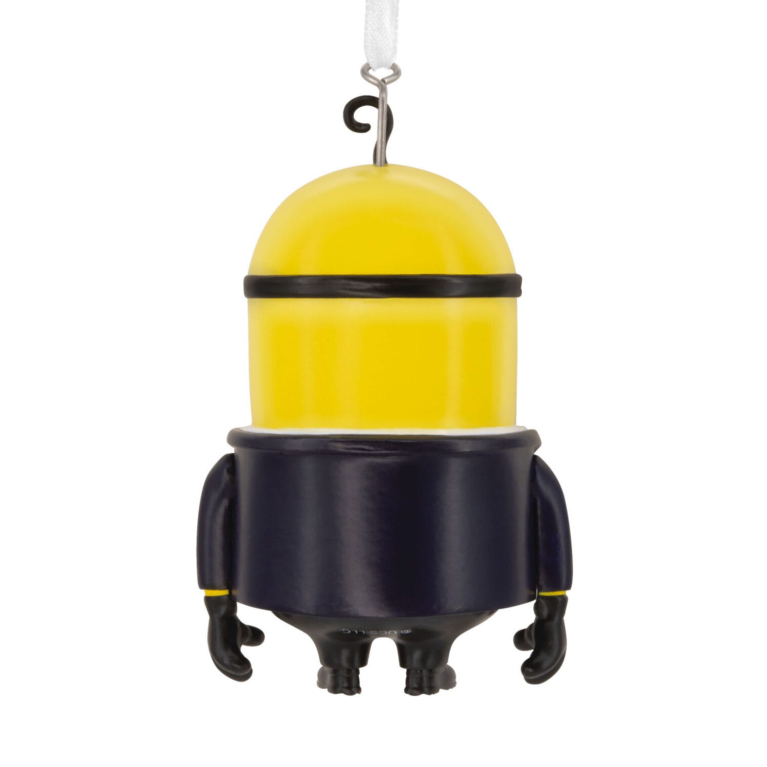 Yellow and black Minion ornament from Hallmark Ornaments hangs by a white ribbon