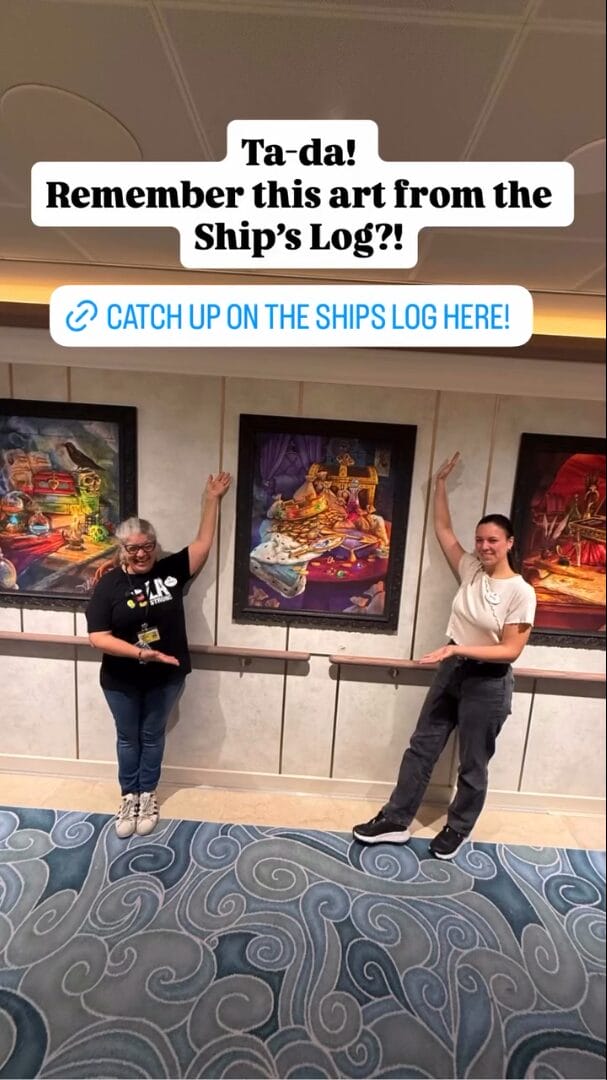 Two guests pose, pointing at colorful art beneath a Disney Destiny ship’s log sign, reminiscent of Disney park wall displays.