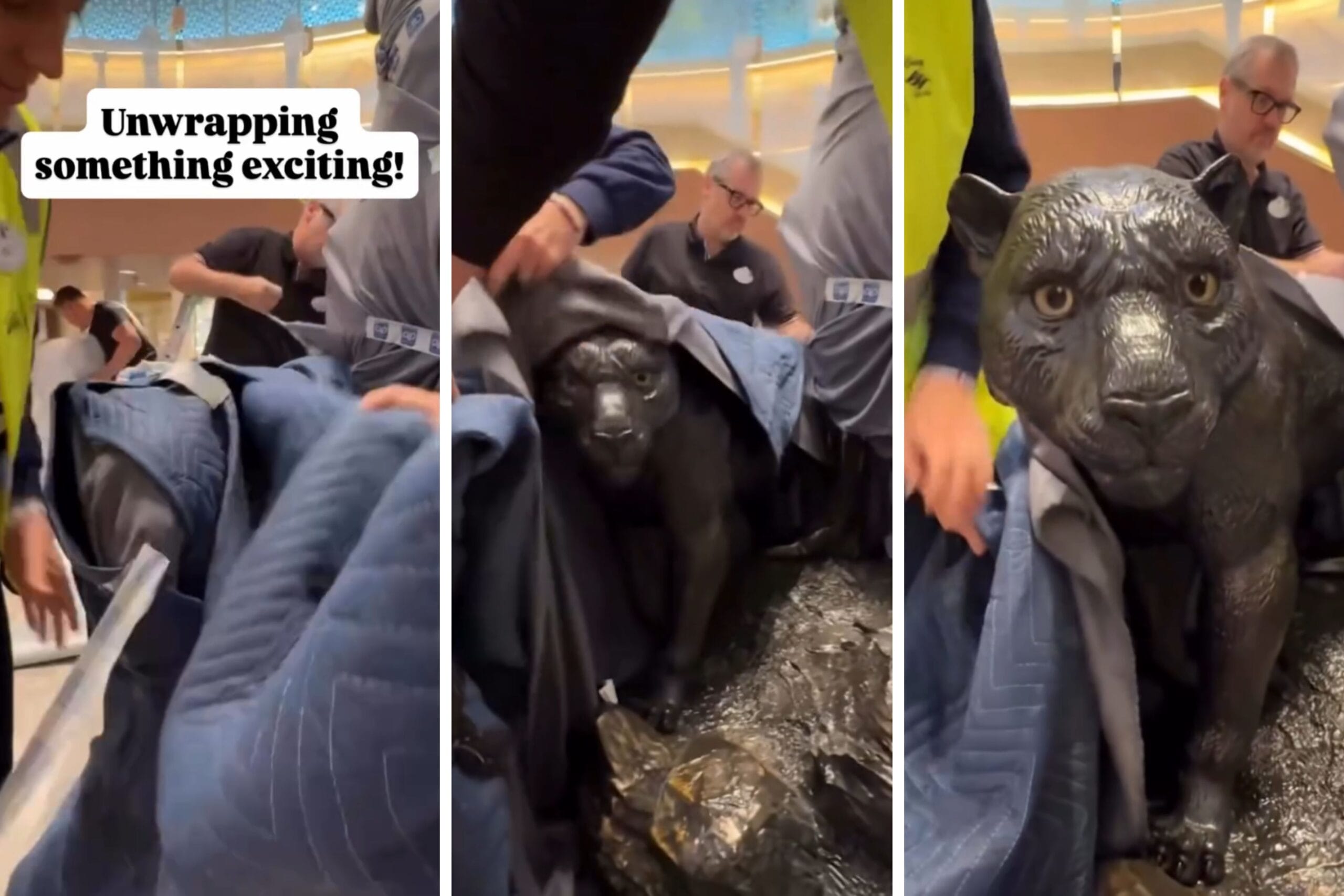 Cast Members unveil a large black panther statue at a Disney park—an exciting reveal, but no castle magic in sight today!