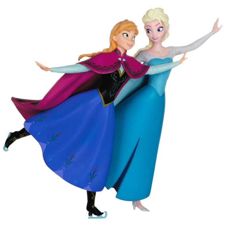 Two animated women in blue dresses ice skate together, smiling like a Hallmark Disney Keepsake you might find near Cinderella Castle.