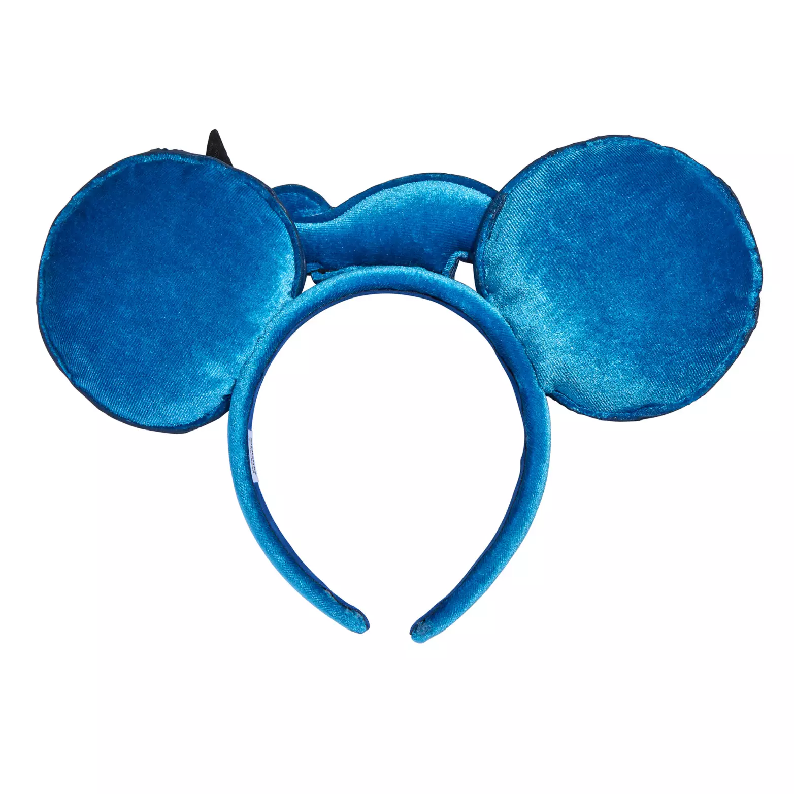 Blue velvet headband with large, Mickey-inspired round ears, reminiscent of iconic Disney Parks styles, on a white background.
