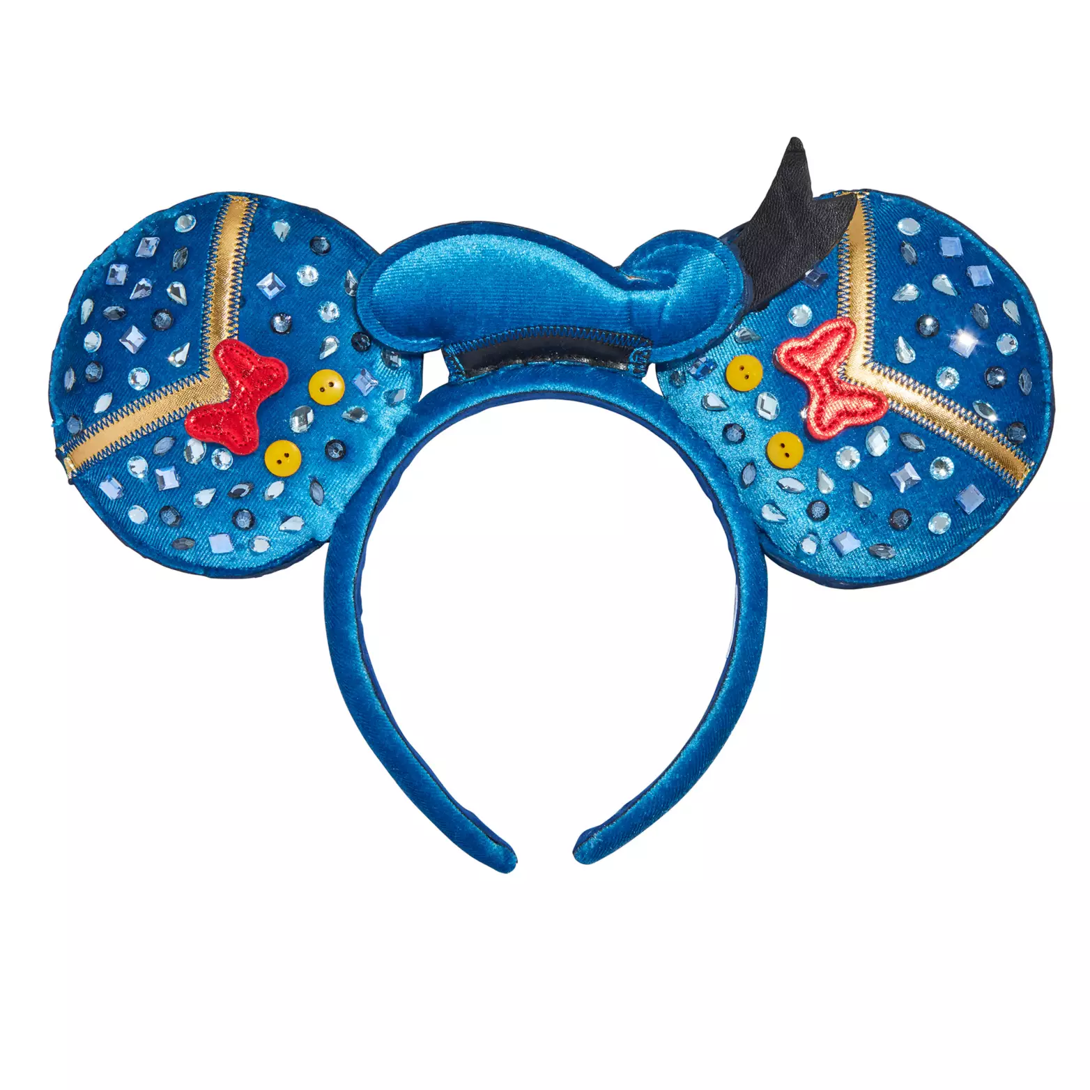 Blue Minnie Mouse ear headband with faux gems, gold zippers, red bows, and a small blue hat for Donald.