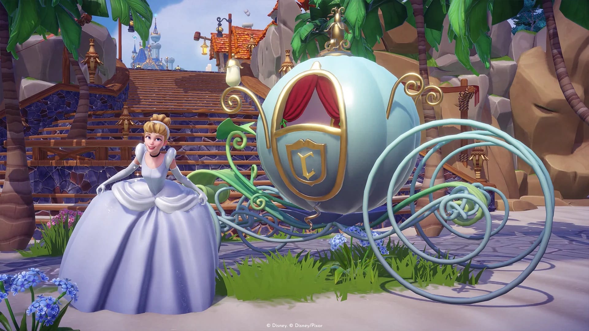 Cinderella smiles beside her blue pumpkin carriage in a Disney Dreamlight Valley scene, reminiscent of park parades near castle backdrops.