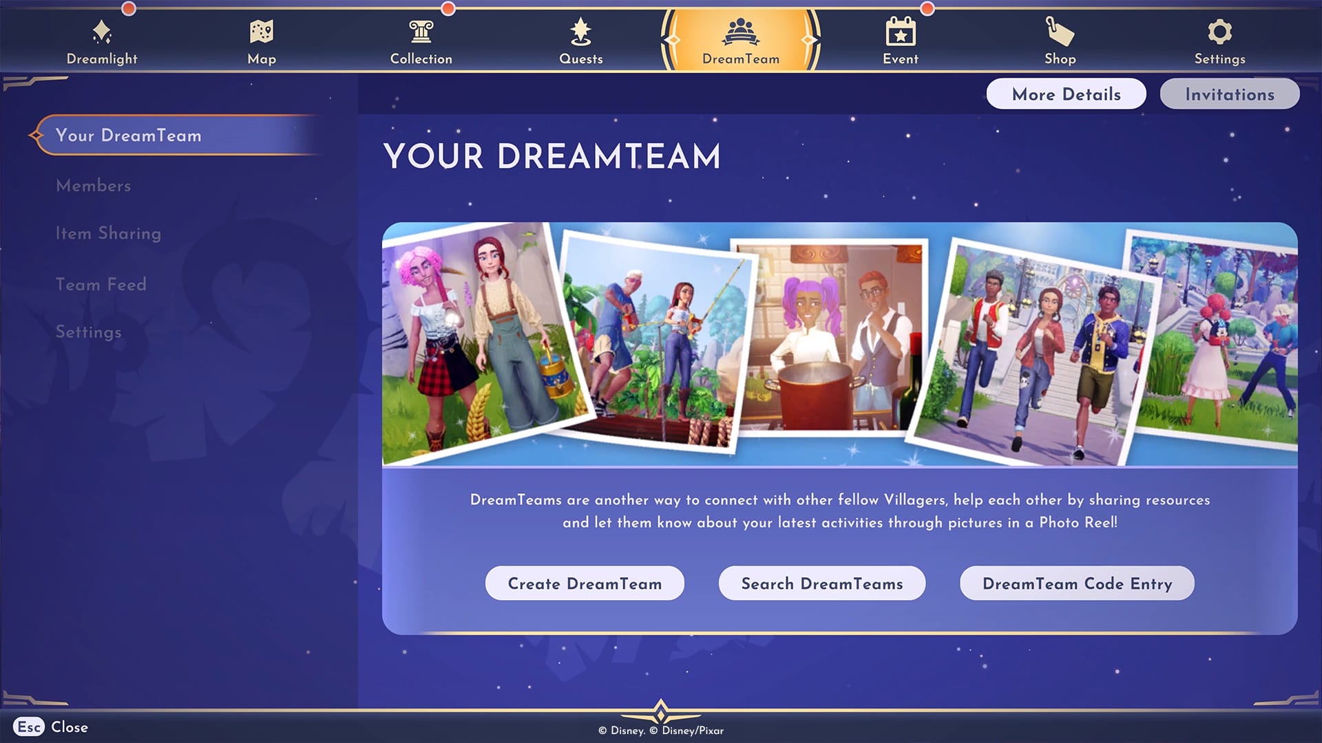 A game menu titled "Your DreamTeam" features Disney Dreamlight Valley characters with options beside stylized castle imagery reminiscent of Disney Parks.