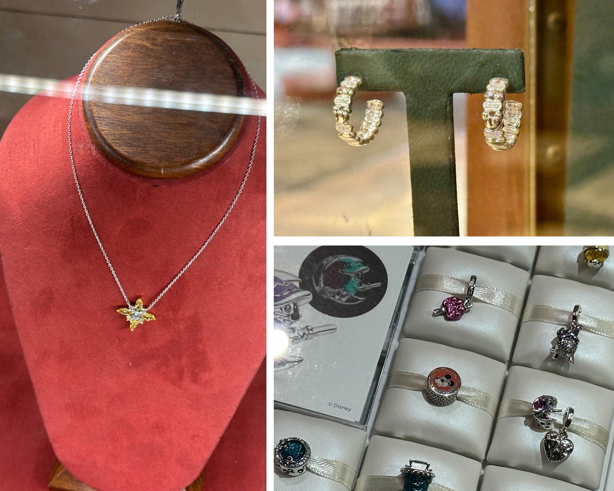 Collage of jewelry: a star necklace, diamond hoops, and Disney park rings and charms inspired by classic Disneyland icons.