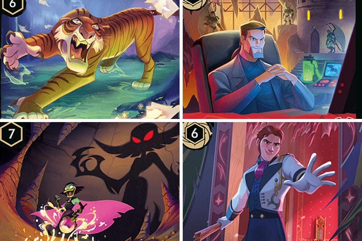 Four Daily Recap cards, each in vibrant style, show Disney park scenes: a tiger, desk man, shadowy figure, and swordsman. No castles.