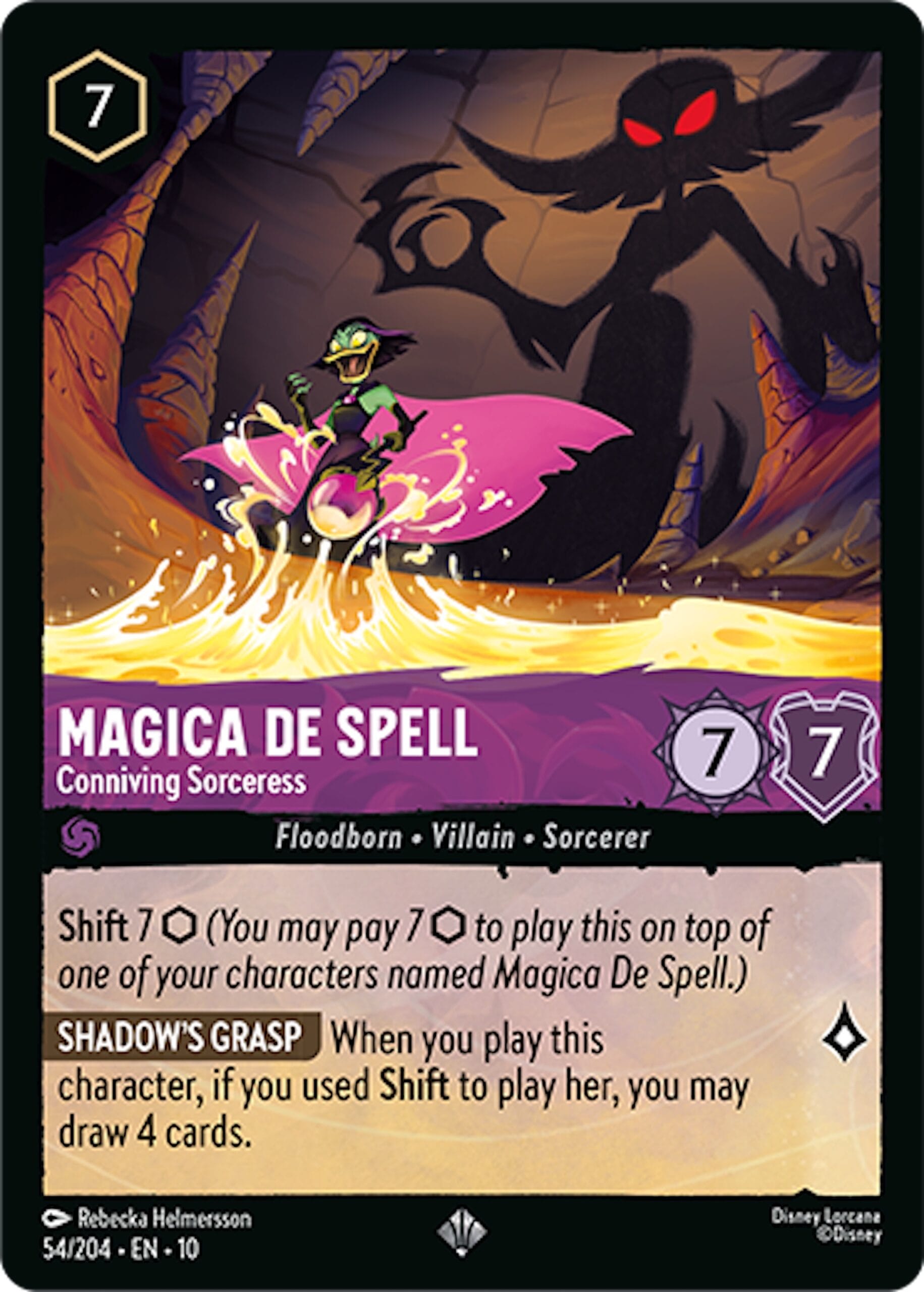 A green-clad sorceress rides pink magic waves as a shadow nears; card stats shown, from Disney Lorcana: Villains—no castle present.