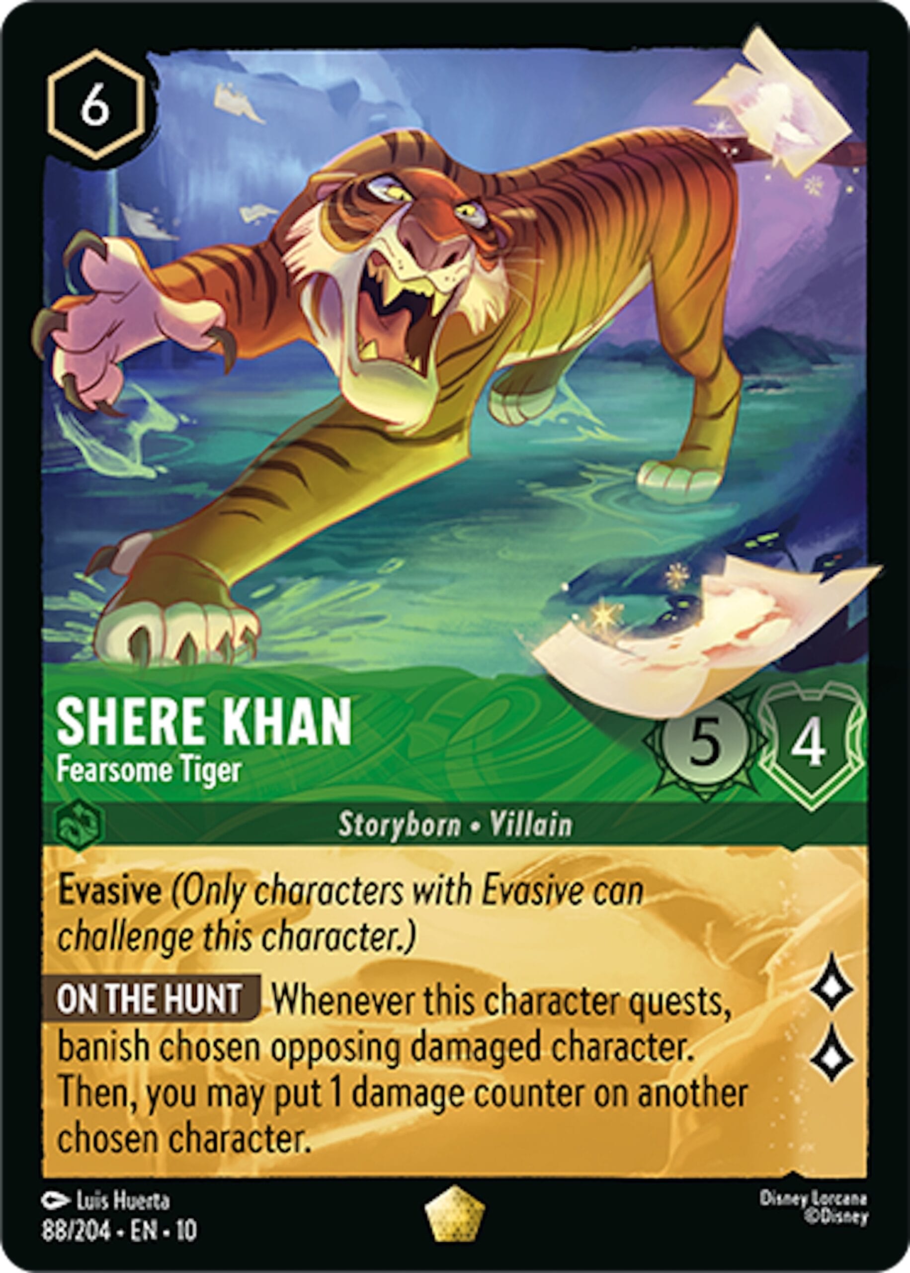 A roaring Shere Khan leaps through torn paper on a Disney Lorcana Villains card, reminiscent of fierce park iconography.