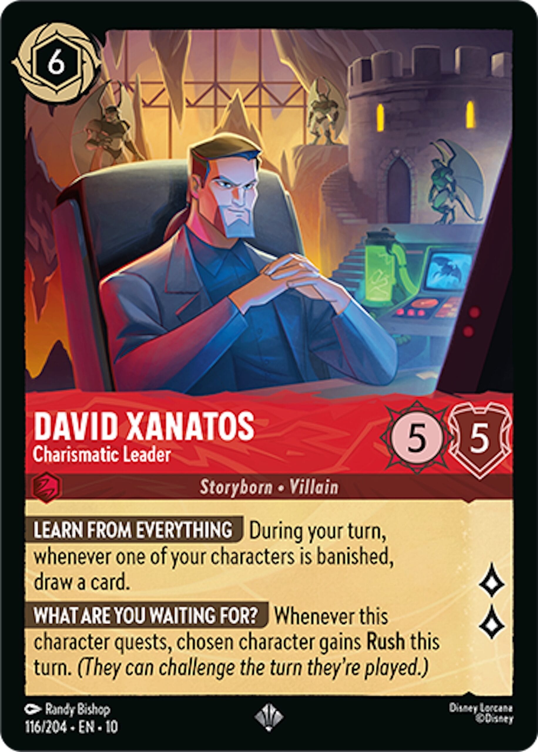 A Disney Lorcana Villains card of David Xanatos at his desk, stats visible, reminiscent of Disney parks’ intricate castle designs.