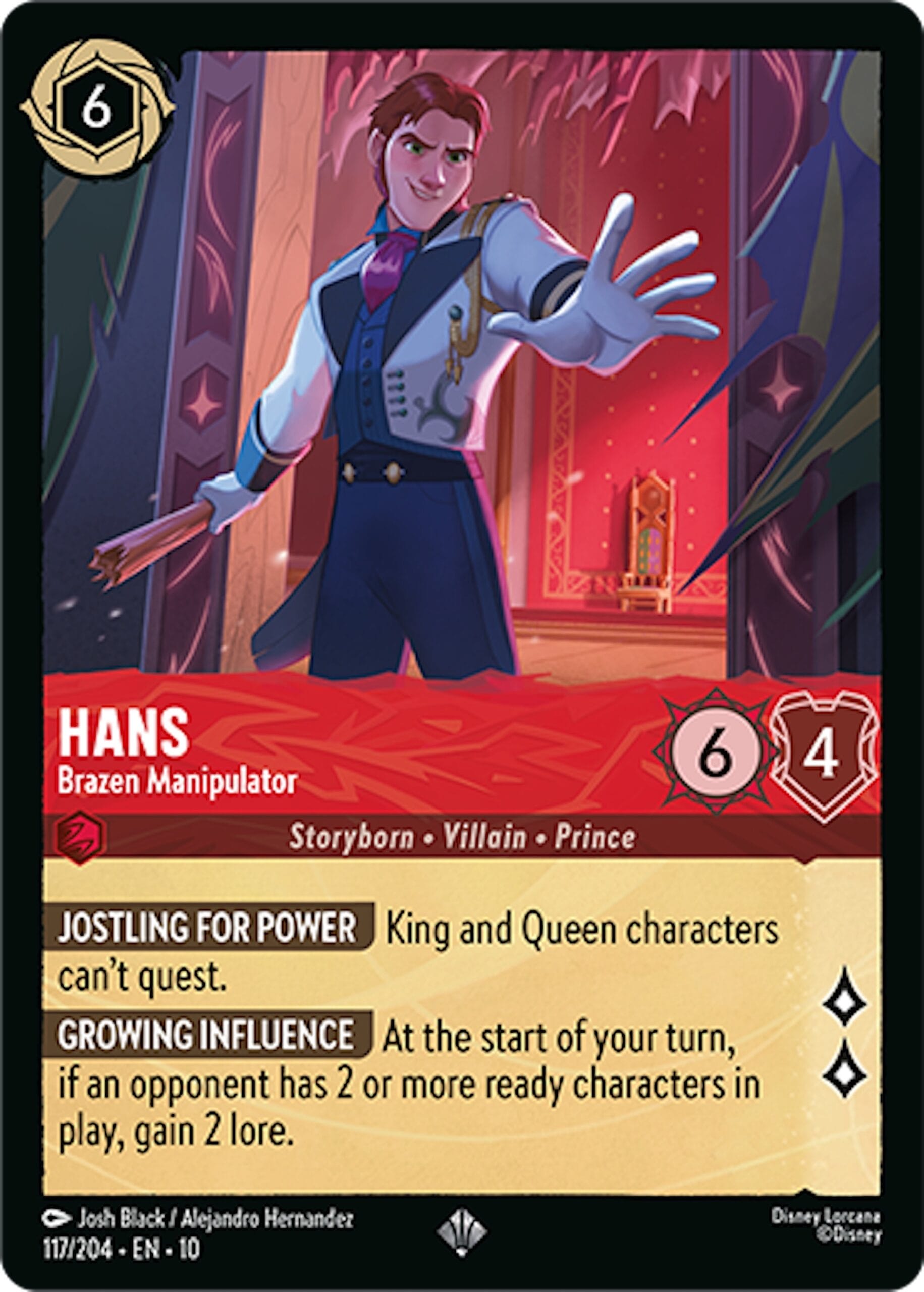 A Disney Lorcana Villains card shows Prince Hans in a lavish ballroom, stats from Whispers in the Well—no castle like Disney’s iconic parks.