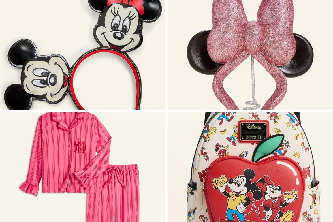 Collage of items from the Disney and Macy's holiday 2025 collection: a Mickey and Minnie headband, glittery Minnie ears tree topper, pink striped Minnie pajamas, and a Loungefly mini backpack with a heart-shaped front pocket featuring Mickey and Minnie eating a pretzel and hot dog.