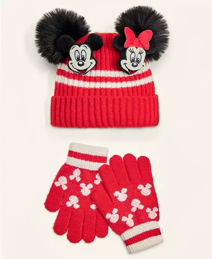 Red knit hat with Mickey & Minnie faces and matching gloves, part of Disney 2025 Holiday Collection—available at Disney Parks.