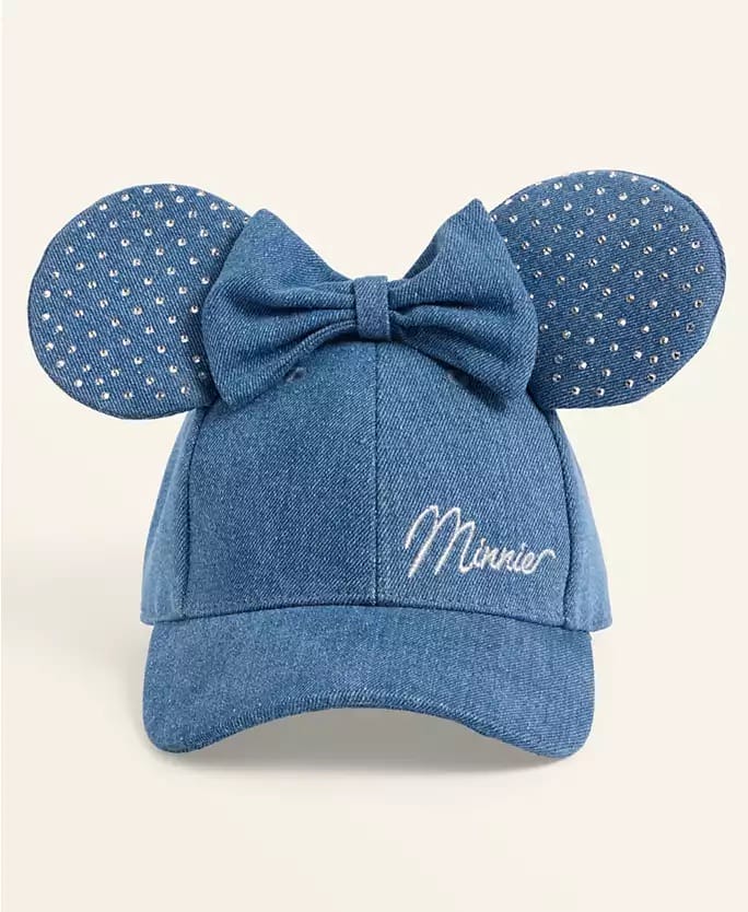 Blue denim Minnie Mouse ears cap with bow and Disney embroidery, similar to park styles found at Disneyland and Walt Disney World.