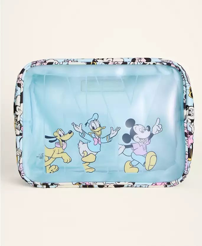 Disney 2025 Holiday blue travel pouch with Pluto, Daisy, Mickey, and festive trim—perfect for a day at the parks worldwide.