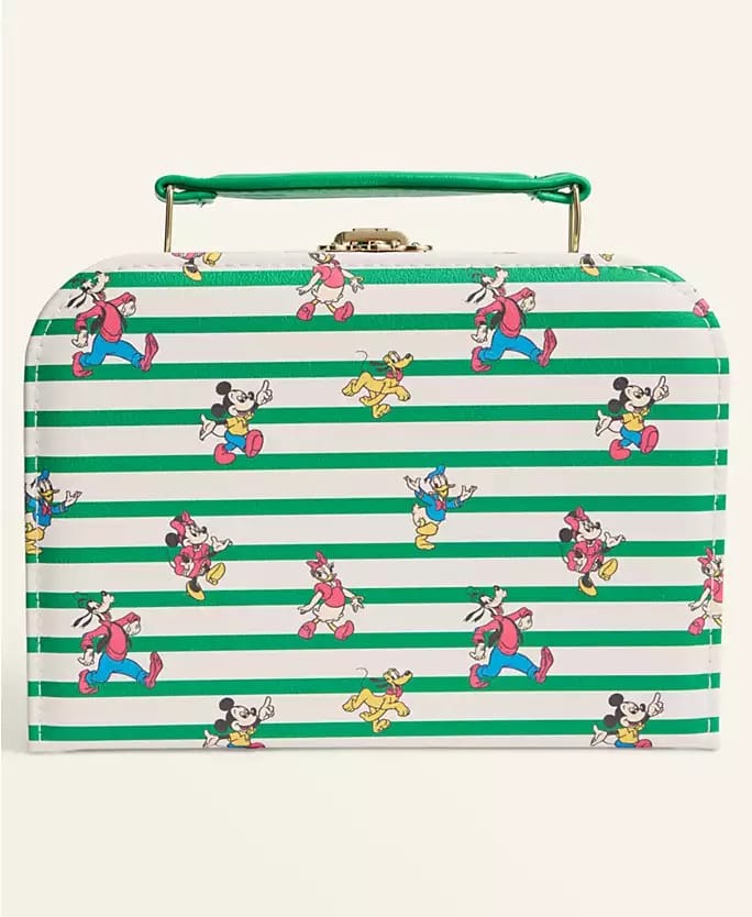 Rectangular Macy's Disney Holiday bag with green handle, white-green stripes, featuring Mickey and Goofy; no park castle shown.
