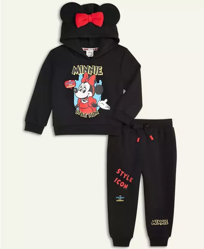 Disney Parks 2025 Holiday kids’ black Minnie hoodie and joggers with 3D ears, bow, and "Style Icon" print—no castle pictured.