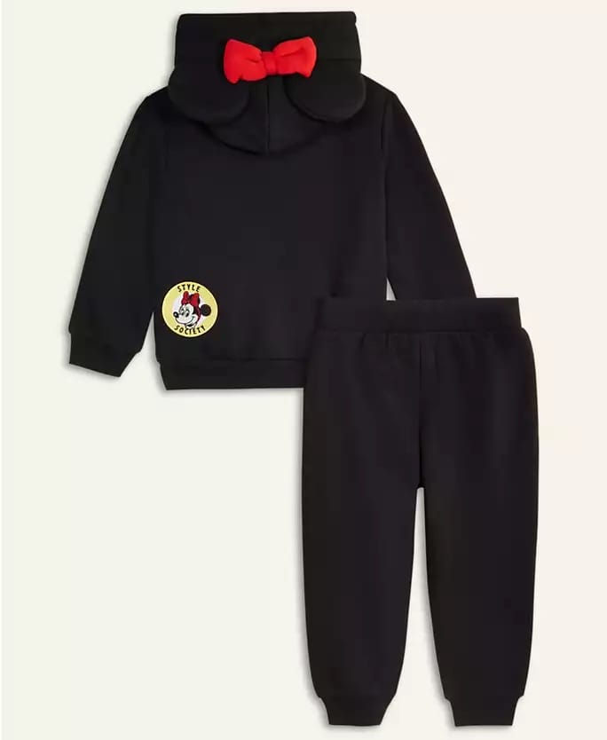 Kids' black tracksuit from Disney 2025 Holiday Collection, Minnie Mouse ear hoodie with red bow—perfect for the parks, no castle shown.