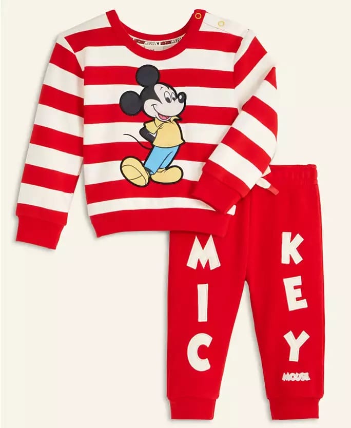 Red and white striped Mickey Mouse sweatshirt with matching red "MICKEY" pants, as seen at Disney Parks during the holidays.